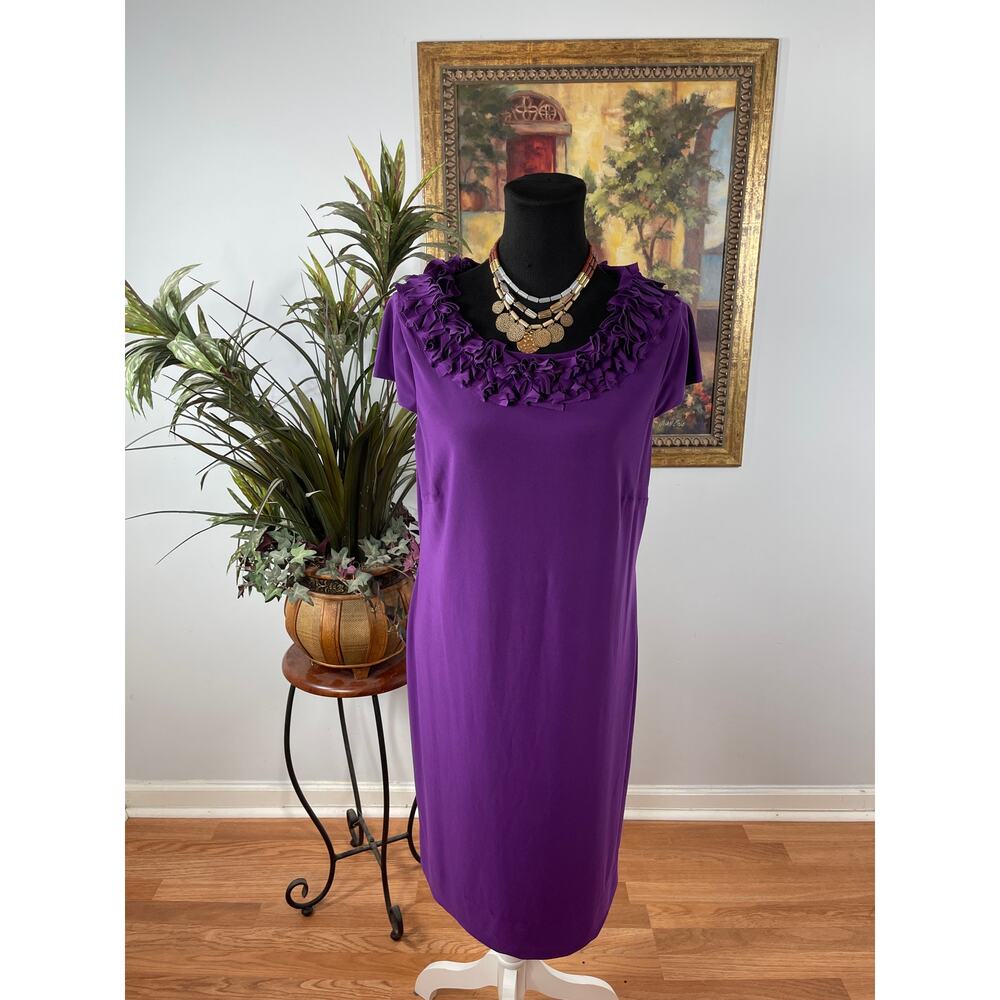 Julian Taylor Sheath Dress Women's 12‎ Purple Ruffle Neck Minimalist Regal Core